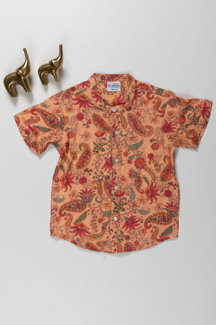 The Nesavu Boys Cotton Shirt Paisley Design Shirt - Perfect for Casual, Beach, and Party Wear Nesavu 16 (1Y) / Orange / Chanderi BS165A-16 Peach Paisley Design Shirt - Casual, Beach, and Party Wear for Kids