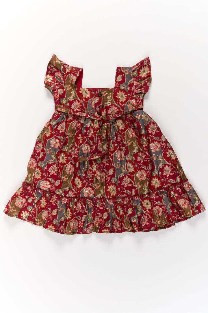 The Nesavu Girls Cotton Frock Party Wear Gown for Girls in Red Floral Print with Ruffled Hem Nesavu Nesavu Red Floral Party Wear Gown Girls Ruffled Hem Lace Details