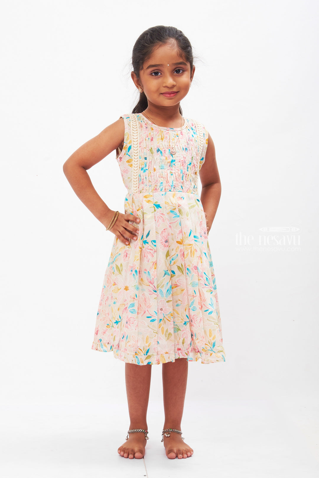 The Nesavu Girls Cotton Frock Pastel Blossom Cotton Dress for Girls: Summer-Ready Floral Delight Nesavu 16 (1Y) / Half white GFC1227A-16 Girls Sleeveless Cotton Floral Dress | Pastel Summer Frock | The Nesavu