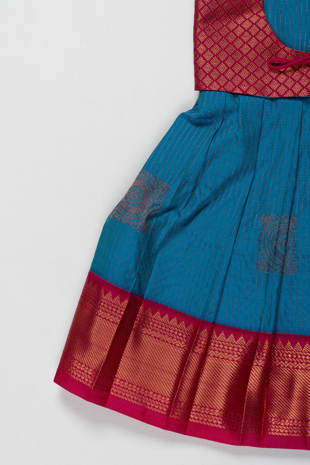 The Nesavu Girls Kanchi Silk Frock Patt Kanchivaram Silk Frock for Kids - Suitable for Annaprashan Nesavu Patt Kanchivaram Silk Frock for Kids - Ideal for Annaprashan