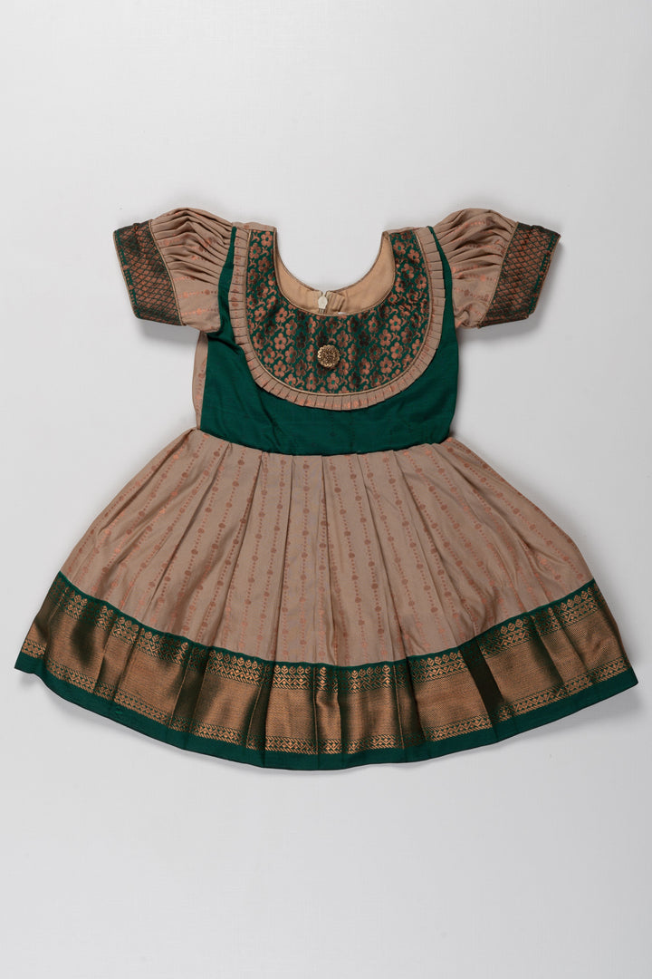 The Nesavu Girls Kanchi Silk Frock Pattu Kanchivaram Silk Frock for Kids - Suitable for Choroonu and Namakarana Nesavu 22 (4Y) / Green / Style 1 SF790A-22 Pattu Kanchivaram Silk Frock for Kids - Perfect for Choroonu and Namakarana