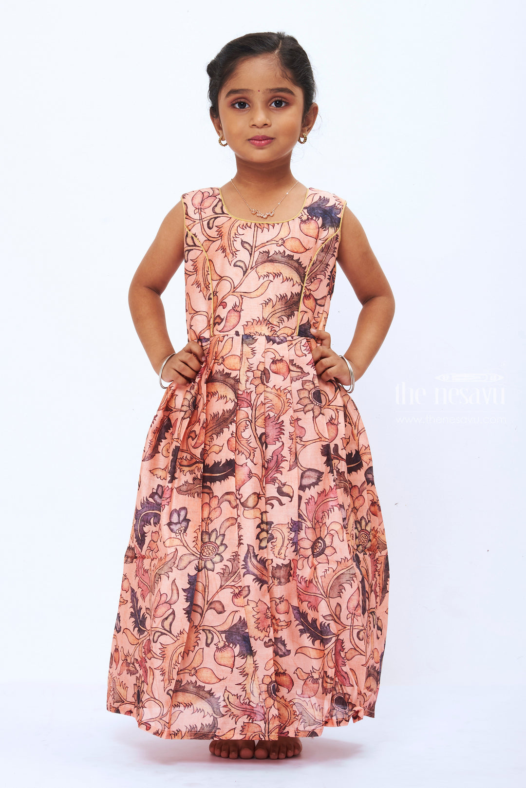 The Nesavu Girls Silk Gown Peach Blossom: Elegant Floral Peplum Anarkali Dress for Girls Nesavu Girls Peach Floral Peplum Dress | Modern with Traditional | The Nesavu