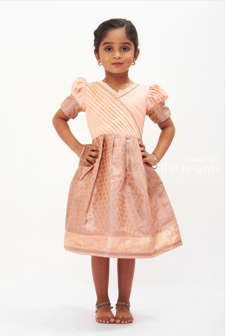 The Nesavu Silk Frock Peach Blossom Silk Frock with Traditional Banarasi Border for Girls Nesavu 14 (6M) / Salmon / Style 2 SF729B-14 Peach Silk Frock with Banarasi Border for Girls | Cultural Festive Wear | The Nesavu