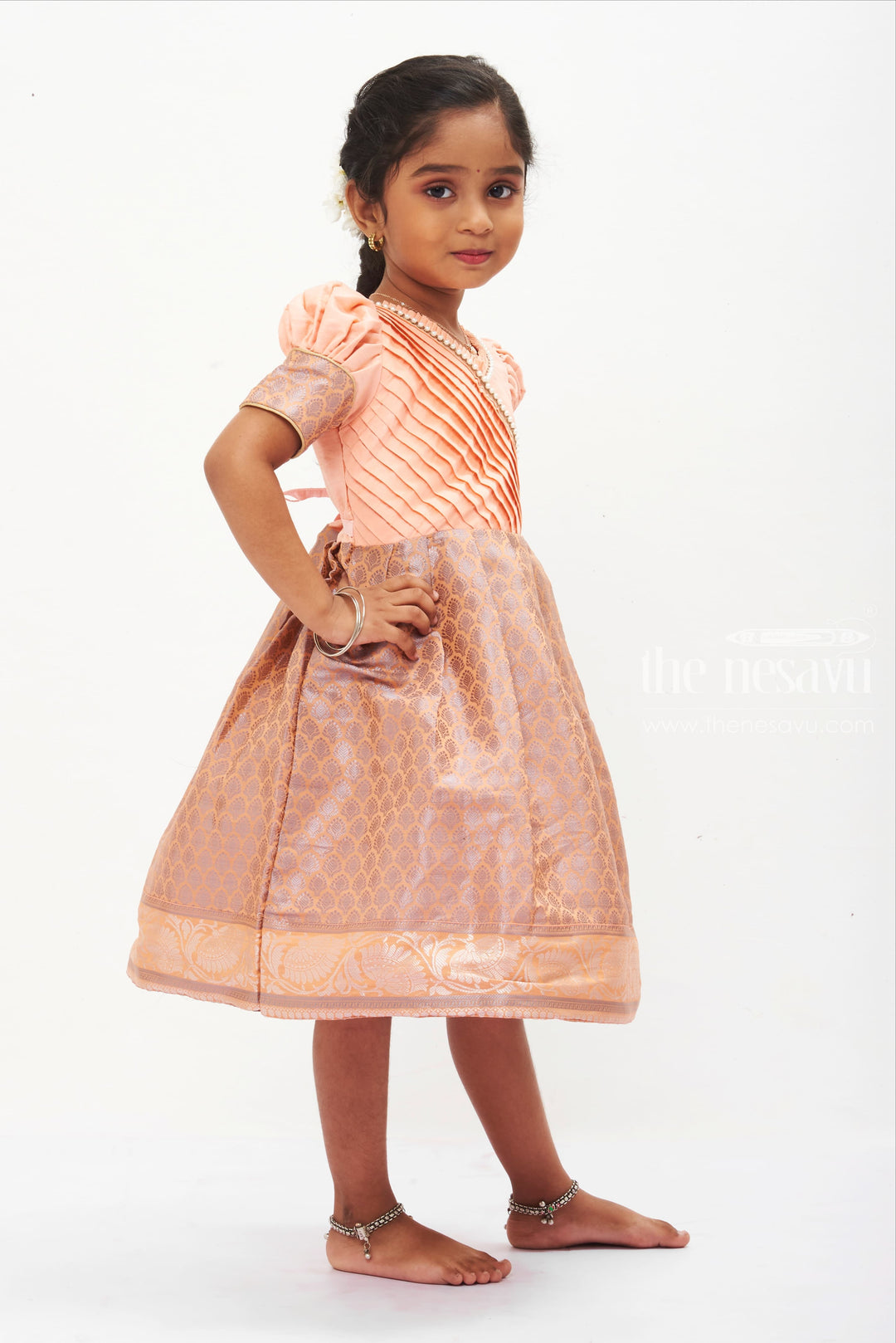 The Nesavu Silk Frock Peach Blossom Silk Frock with Traditional Banarasi Border for Girls Nesavu Peach Silk Frock with Banarasi Border for Girls | Cultural Festive Wear | The Nesavu