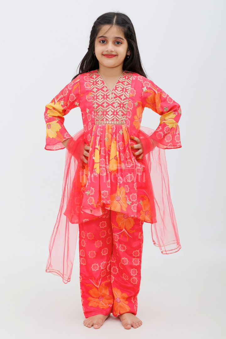 The Nesavu Girls Sharara / Plazo Set Peach Chinon Silk Peplum Kurta and Palazzo Set for Girls Nesavu Peach Chinon Silk Peplum Kurta and Palazzo Set for Girls - Nesavu