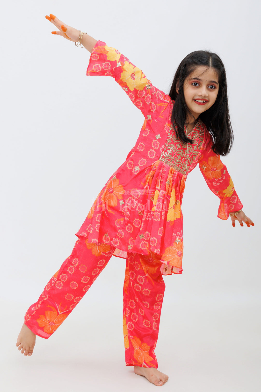 The Nesavu Girls Sharara / Plazo Set Peach Chinon Silk Peplum Kurta and Palazzo Set for Girls Nesavu Peach Chinon Silk Peplum Kurta and Palazzo Set for Girls - Nesavu