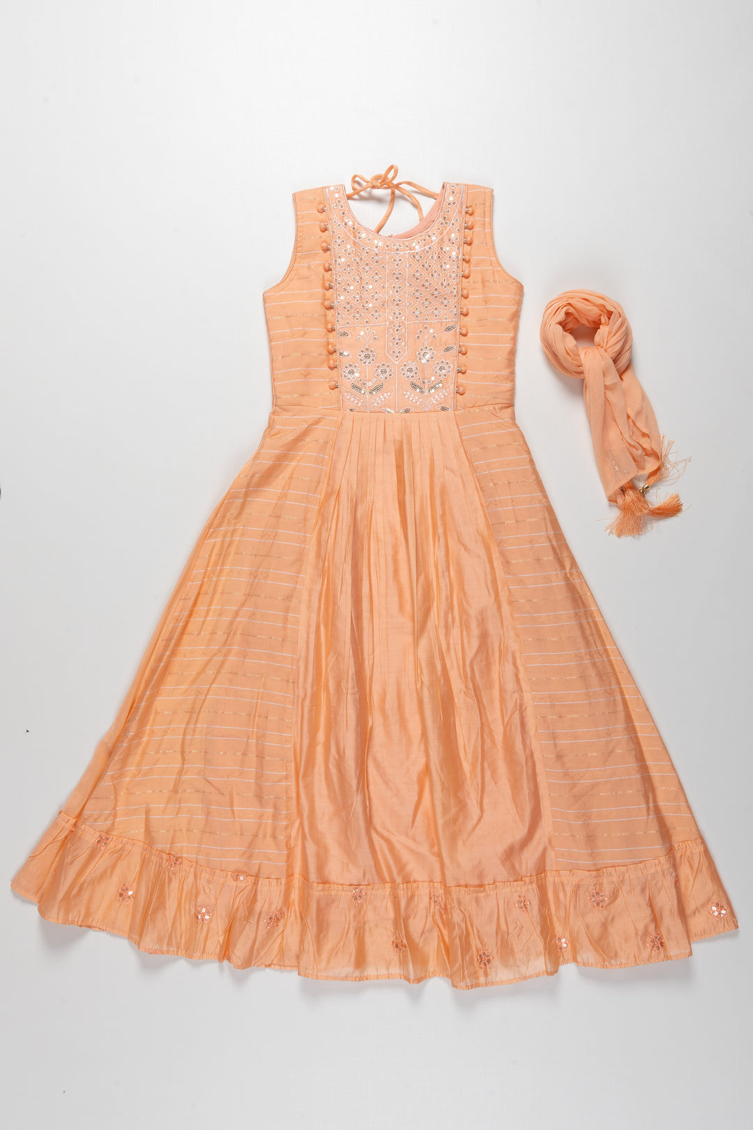 The Nesavu Girls Silk Gown Peach Embroidered Sleeveless Silk Frock with Dupatta for Girls - Elegant Traditional Wear Nesavu 24 (5Y) / Salmon GA063-24 Girls Peach Embroidered Sleeveless Silk Frock with Dupatta | Elegant Traditional Wear | The Nesavu