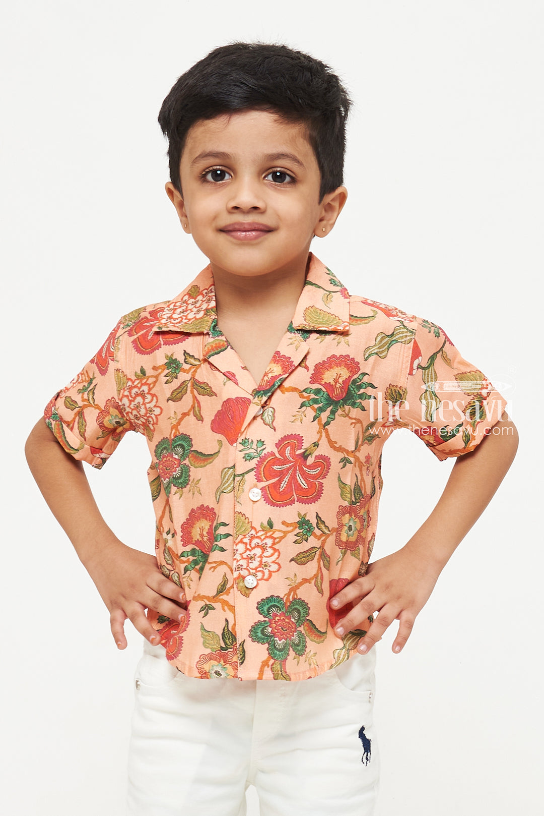 The Nesavu Boys Cotton Shirt Peach Mughal Design Floral Shirt - Perfect for Parties and Beach Wear Nesavu Peach Mughal Design Floral Shirt - Party & Beach Wear for Kids