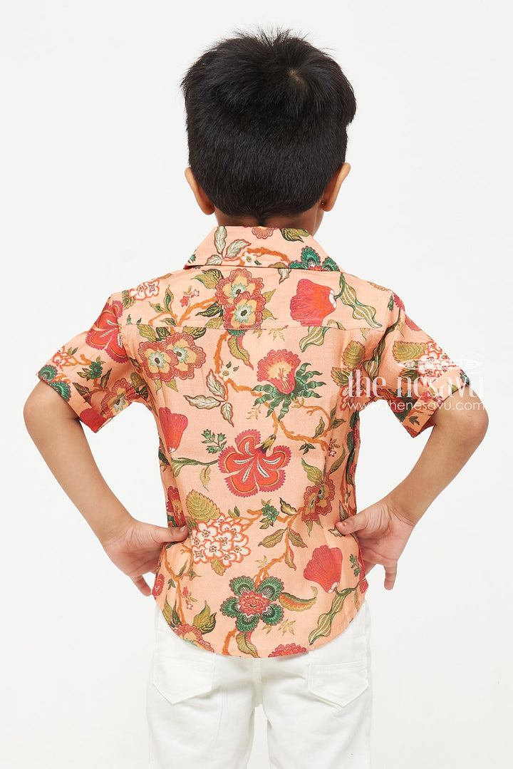 The Nesavu Boys Cotton Shirt Peach Mughal Design Floral Shirt - Perfect for Parties and Beach Wear Nesavu Peach Mughal Design Floral Shirt - Party & Beach Wear for Kids