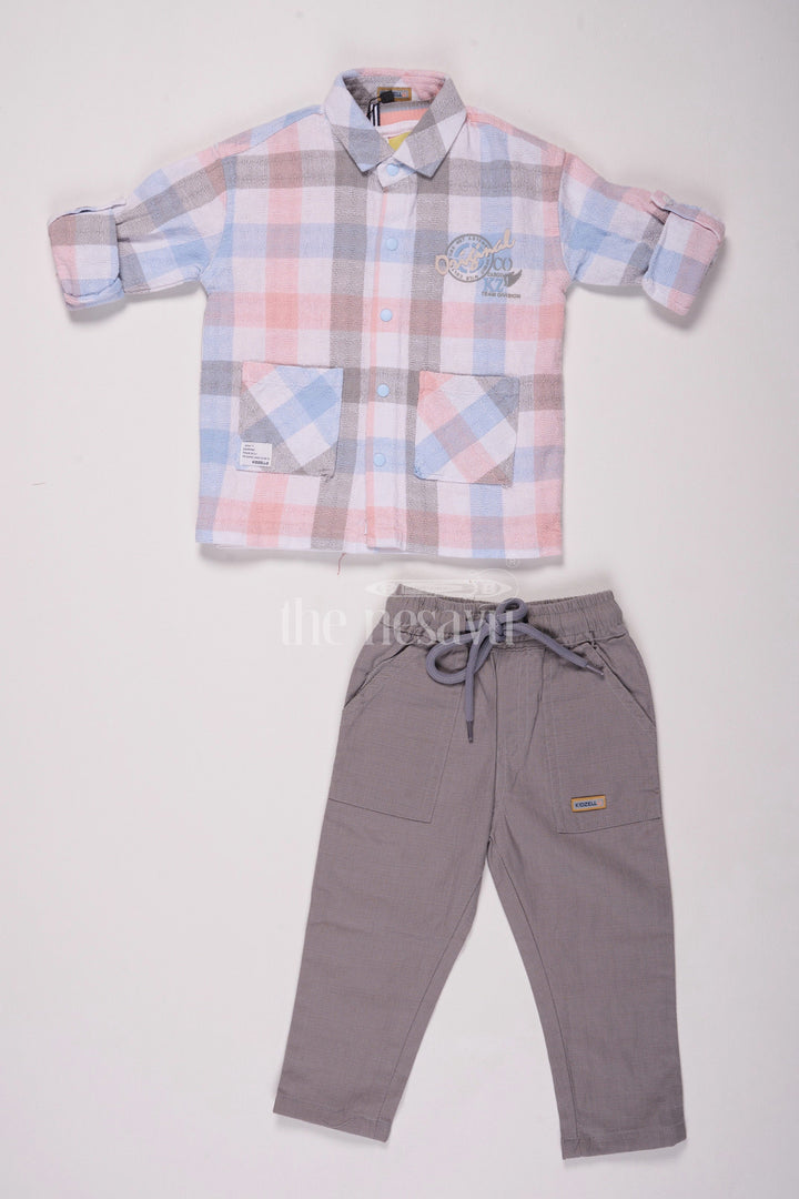 The Nesavu Boys Casual Set Peach Plaid Full Sleeve Shirt and Gray Pant Set for Boys Nesavu 18 (2Y) / Peach BCS105B-18 Peach Plaid Full Sleeve Shirt and Gray Pant Set for Boys - Nesavu