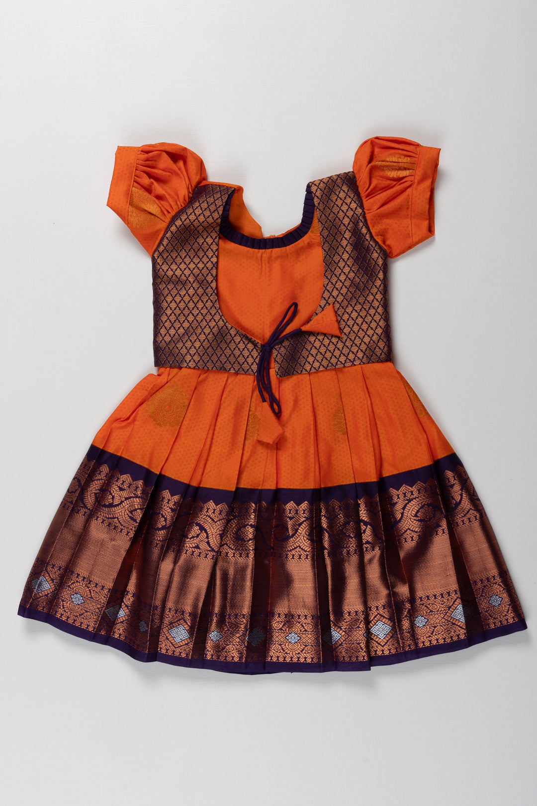 The Nesavu Girls Kanchi Silk Frock Peetambara Kanchivaram Silk Frock for Kids - Perfect for Vinayaka Chavithi Nesavu 14 (6M) / Orange / Style 1 SF800A-14 Peetambara Kanchivaram Silk Frock for Kids - Ideal for Vinayaka Chavithi