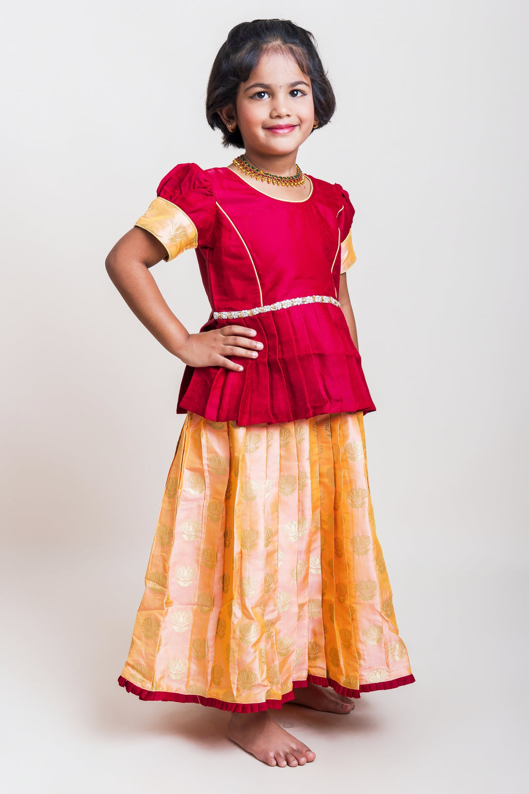 The Nesavu Pattu Pavadai Peplum Maroon Blouse And Pink Shaded Brocade Printed Silk Skirt For Girls Nesavu 14 (6M) / Maroon / Jacquard GPP248B-14 Maroon And Pink Pattu Pavadai| Peplum Blouse Design Patterns| The Nesavu