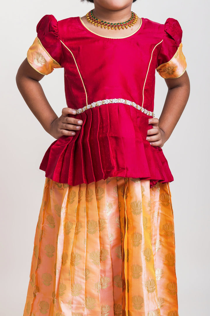 The Nesavu Pattu Pavadai Peplum Maroon Blouse And Pink Shaded Brocade Printed Silk Skirt For Girls Nesavu Maroon And Pink Pattu Pavadai| Peplum Blouse Design Patterns| The Nesavu