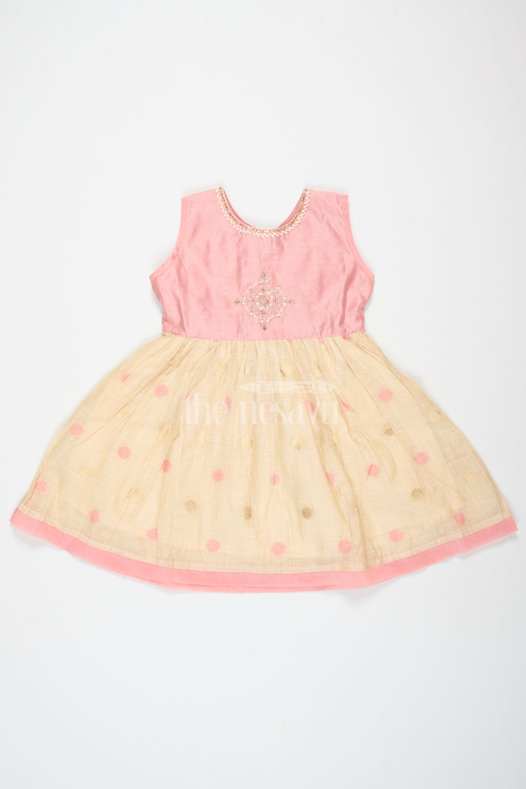 The Nesavu Girls Cotton Frock Pink and Beige Chanderi Cotton Frock for Girls with Gold Embroidery and Polka Dot Skirt Nesavu 16 (1Y) / Pink GFC1430A-16 Nesavu Girls Pink Beige Chanderi Cotton Frock Polka Dot Skirt Gold Embroidery