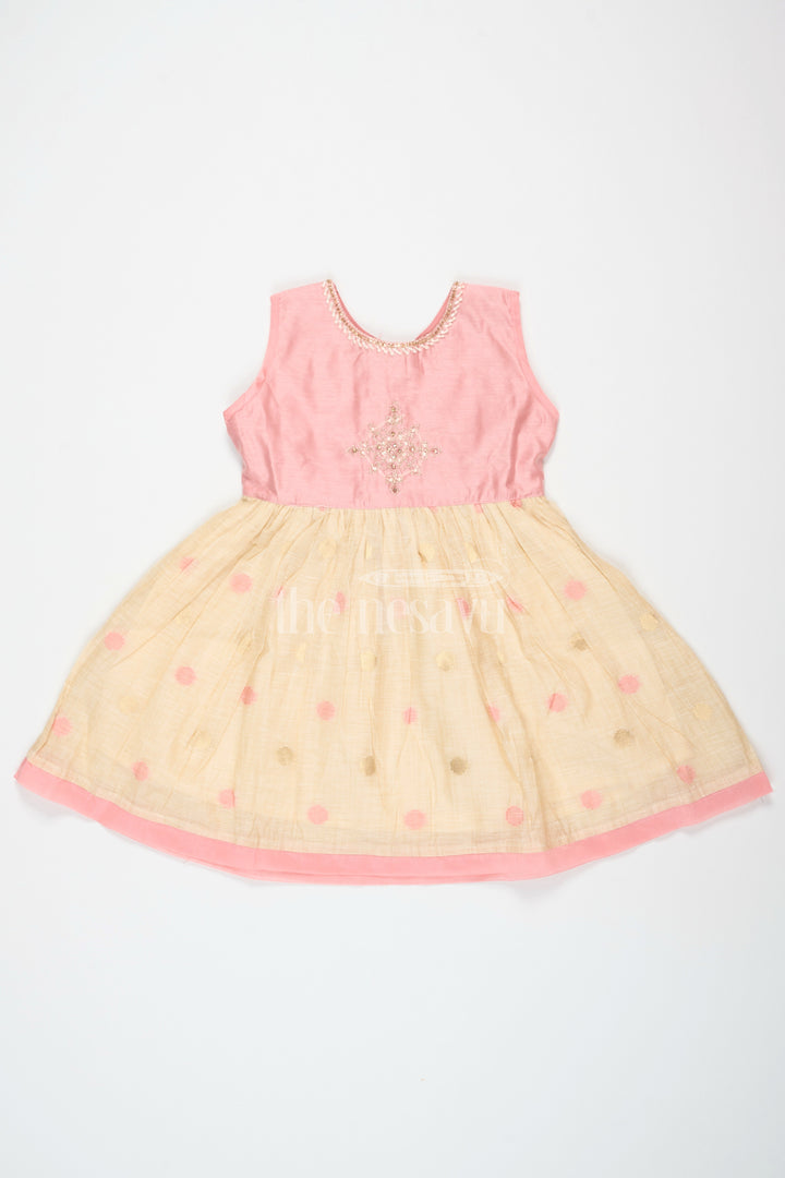 The Nesavu Girls Cotton Frock Pink and Beige Chanderi Cotton Frock for Girls with Gold Embroidery and Polka Dot Skirt Nesavu 16 (1Y) / Pink GFC1430A-16 Nesavu Girls Pink Beige Chanderi Cotton Frock Polka Dot Skirt Gold Embroidery