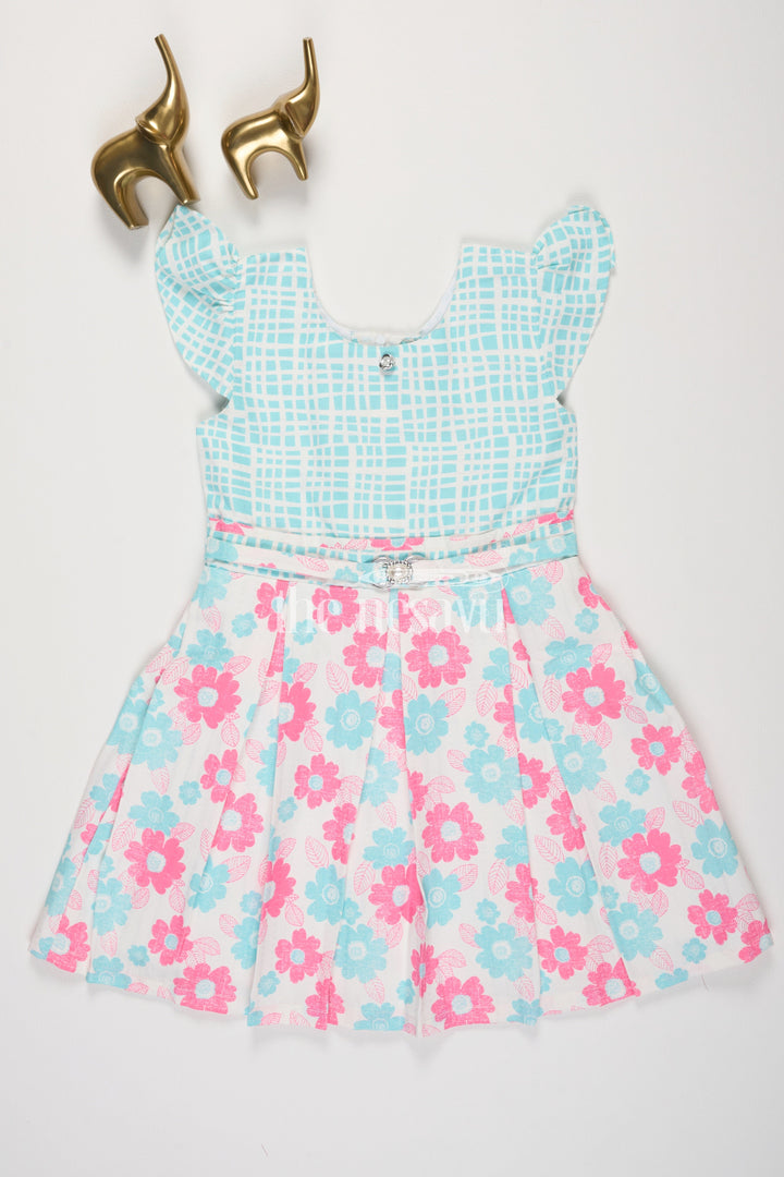 The Nesavu Girls Cotton Frock Pink and Blue Floral Checked Cotton Frock with Pleated Skirt for Girls Nesavu 20 (3Y) / Pink GFC1405B-20 Pink and Blue Floral Checked Cotton Frock with Pleated Skirt for Girls Nesavu