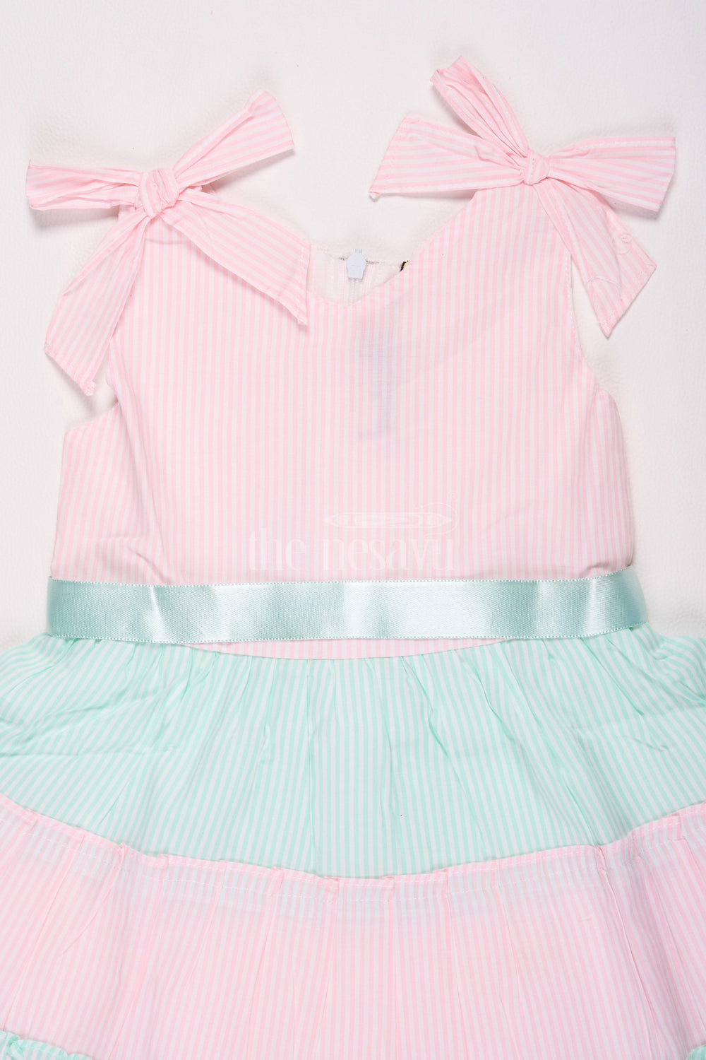 The Nesavu Baby Cotton Frocks Pink and Blue Tiered Sleeveless Cotton Frock with Bow Straps Nesavu Pink and Blue Tiered Sleeveless Cotton Frock with Bow Straps - Nesavu