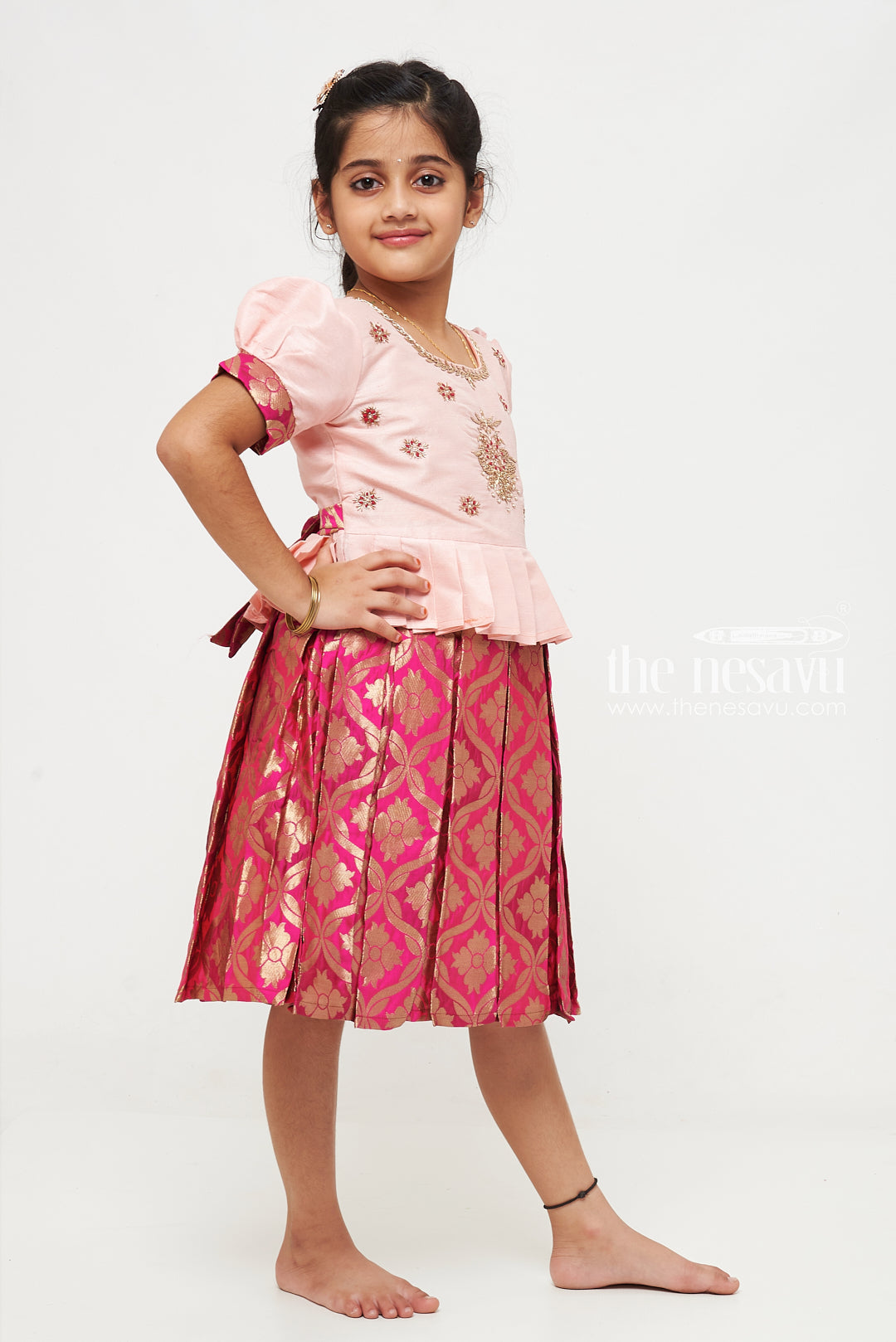 The Nesavu Silk Party Frock Pink and Gold Banarasi Semi-Silk Dress for Girls - Perfect for Festive Celebrations Nesavu Pink and Gold Banarasi Semi-Silk Dress for Girls - Festive Celebrations