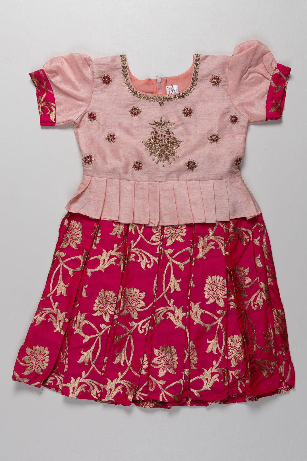 The Nesavu Silk Party Frock Pink and Red Banarasi Semi-Silk Dress for Girls - Perfect for Festive and Traditional Occasions Nesavu 16 (1Y) / Pink / Silk Blend SF784A-16 Pink and Red Banarasi Semi-Silk Dress for Girls - Festive and Traditional Occasions