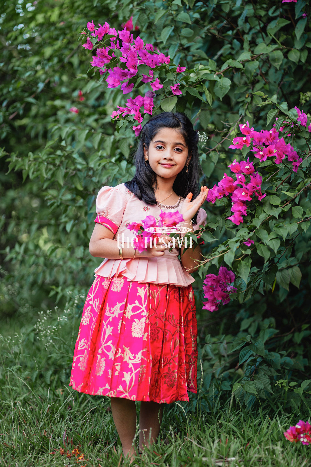 The Nesavu Silk Party Frock Pink and Red Banarasi Semi-Silk Dress for Girls - Perfect for Festive and Traditional Occasions Nesavu 16 (1Y) / Pink / Silk Blend SF784A-16 Pink and Red Banarasi Semi-Silk Dress for Girls - Festive and Traditional Occasions