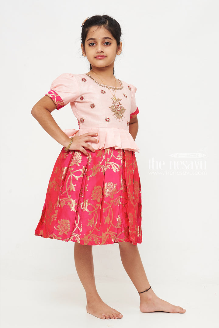 The Nesavu Silk Party Frock Pink and Red Banarasi Semi-Silk Dress for Girls - Perfect for Festive and Traditional Occasions Nesavu Pink and Red Banarasi Semi-Silk Dress for Girls - Festive and Traditional Occasions