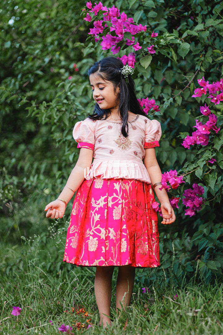 The Nesavu Silk Party Frock Pink and Red Banarasi Semi-Silk Dress for Girls - Perfect for Festive and Traditional Occasions Nesavu Pink and Red Banarasi Semi-Silk Dress for Girls - Festive and Traditional Occasions