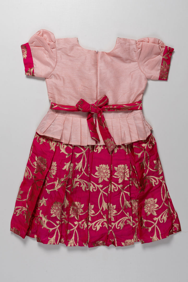 The Nesavu Silk Party Frock Pink and Red Banarasi Semi-Silk Dress for Girls - Perfect for Festive and Traditional Occasions Nesavu Pink and Red Banarasi Semi-Silk Dress for Girls - Festive and Traditional Occasions