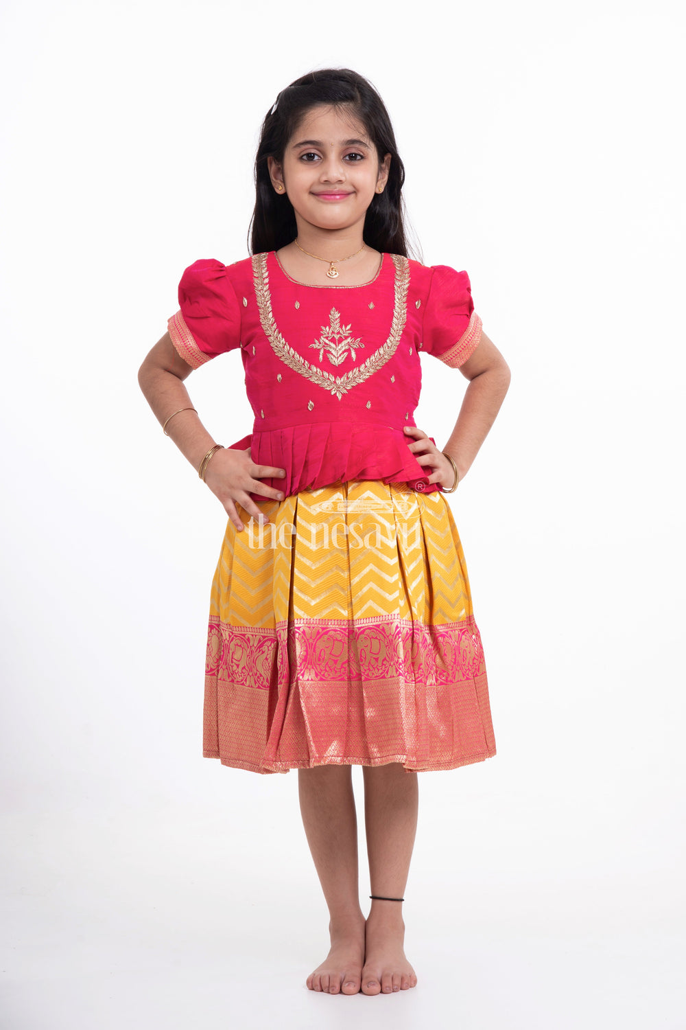 The Nesavu Silk Party Frock Pink and Yellow Brocade Dress for Girls Nesavu Pink and Yellow Brocade Dress for Girls - Traditional & Elegant