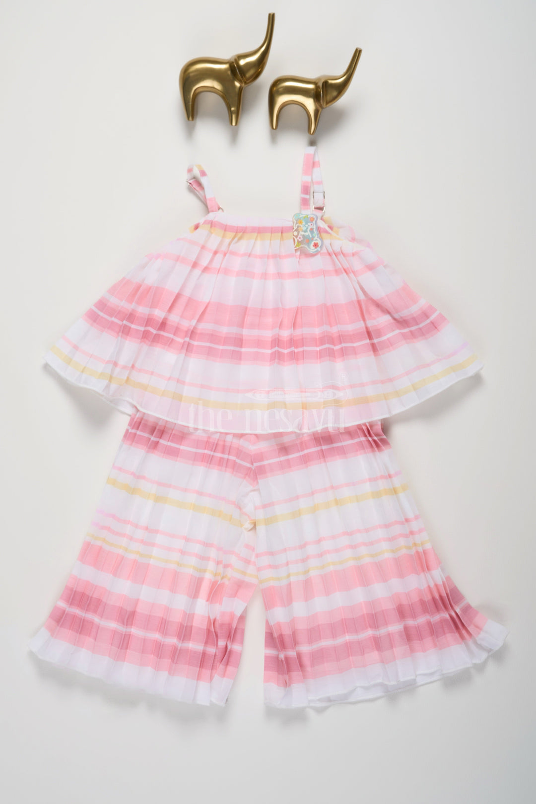 The Nesavu Girls Jumpsuit Pink and Yellow Striped Girls Jumpsuit with Pleated Sleeveless Design for Warm Days Nesavu 16 (1Y) / Pink BFJ655A-16 Nesavu Pink Yellow Striped Girls Jumpsuit Pleated Culottes Casual Semi-Formal Occasions