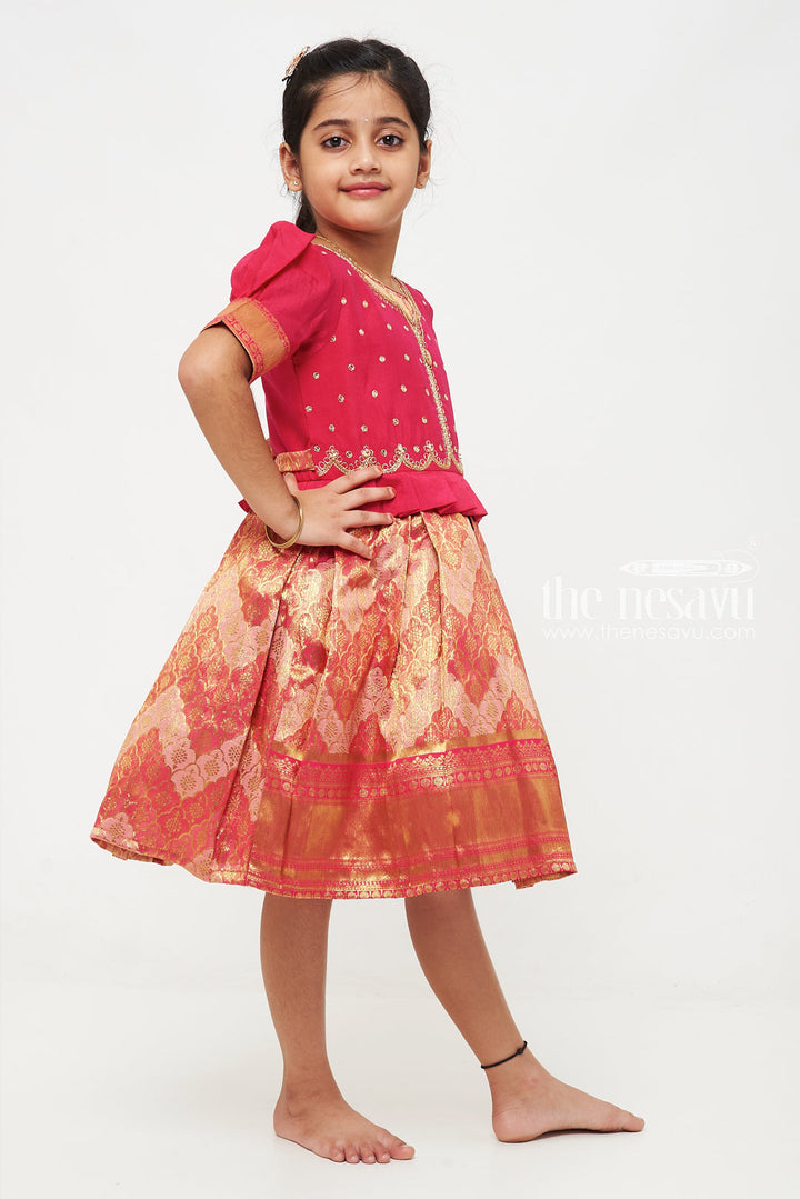 The Nesavu Silk Party Frock Pink Banarasi Silk Party Frock with Peplum and Puff Sleeves for Girls Nesavu Pink Banarasi Silk Party Frock with Peplum and Puff Sleeves for Girls Nesavu