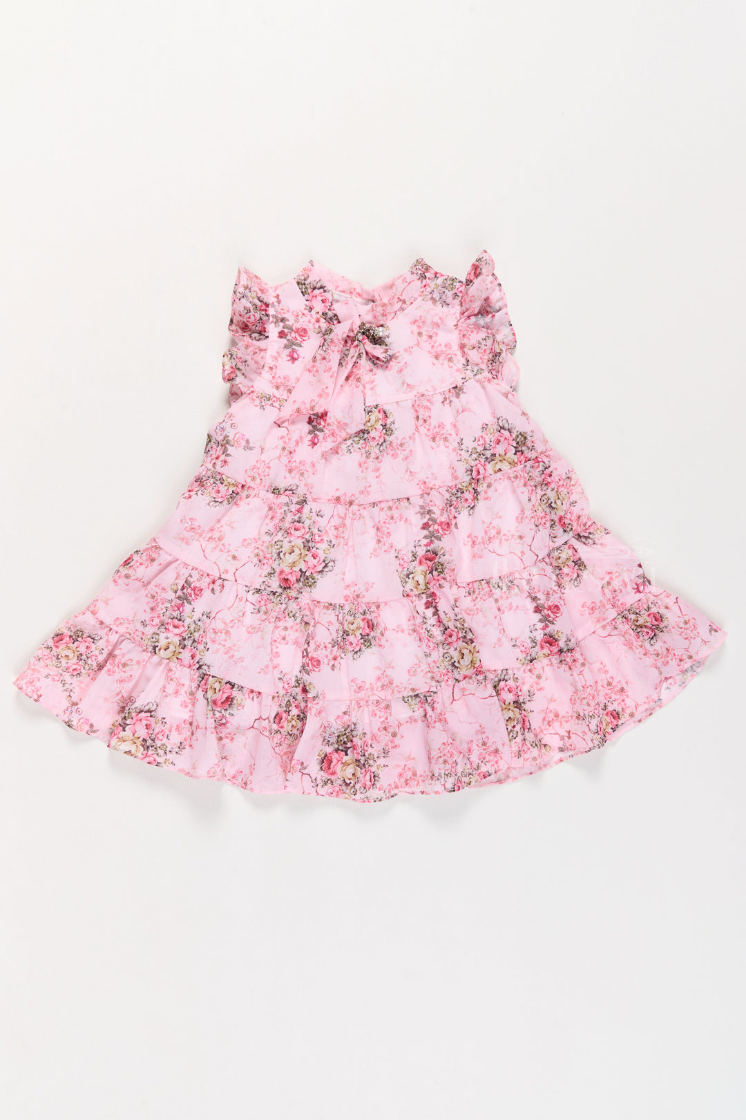 The Nesavu Girls Fancy Frock Pink Birthday Frock for Girls with Floral Patterns and Elegant Bow Detail Nesavu 16 (1Y) / Pink GFC1503C-16 Nesavu Pink Birthday Frock Girls Floral Patterns Tiered Skirt Bow Detail