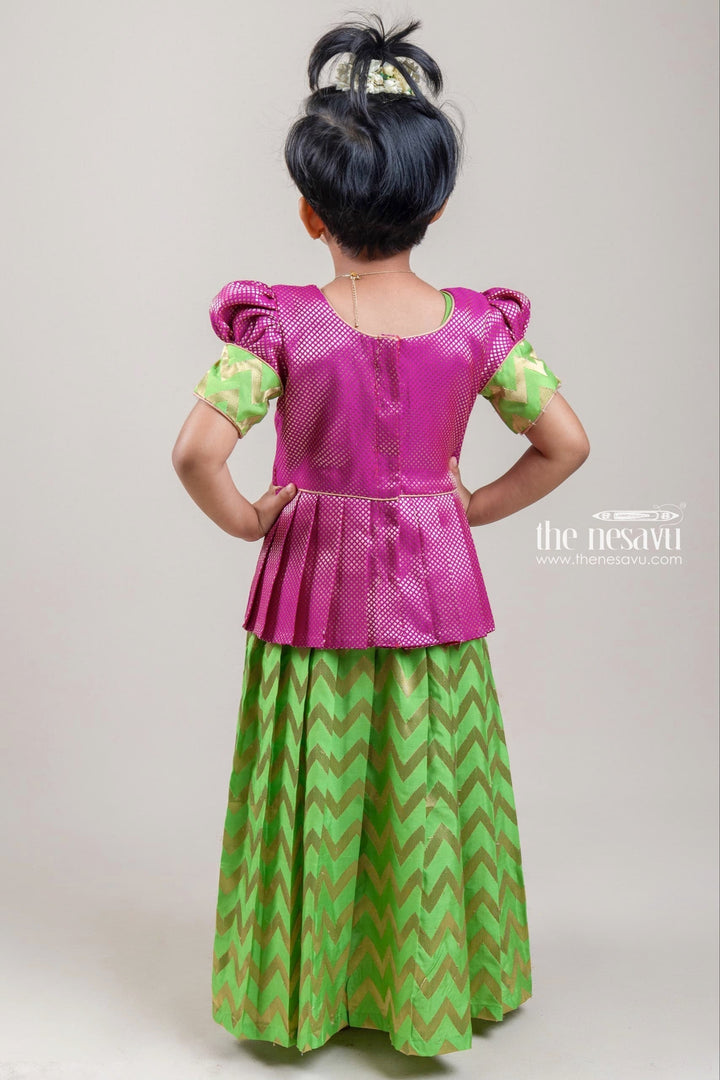 The Nesavu Pattu Pavadai Pink Brocade Designer Silk Blouse with Green Silk Skirt for Girls Nesavu Pink Brocade Silk Blouse with Green Silk Skirt | Traditional Pattu Pavadai |The Nesavu