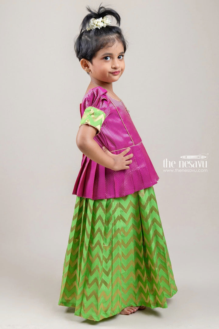 The Nesavu Pattu Pavadai Pink Brocade Designer Silk Blouse with Green Silk Skirt for Girls Nesavu Pink Brocade Silk Blouse with Green Silk Skirt | Traditional Pattu Pavadai |The Nesavu