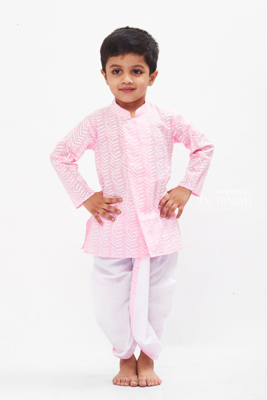 The Nesavu Boys Dothi Set Pink Chevron Kurta with White Dhoti Set for Boys - Traditional Chic Nesavu 10 (NB) / Pink BES501A-10 Boys Pink and White Kurta Dhoti Set | Chevron Pattern | Festive Wear | The Nesavu