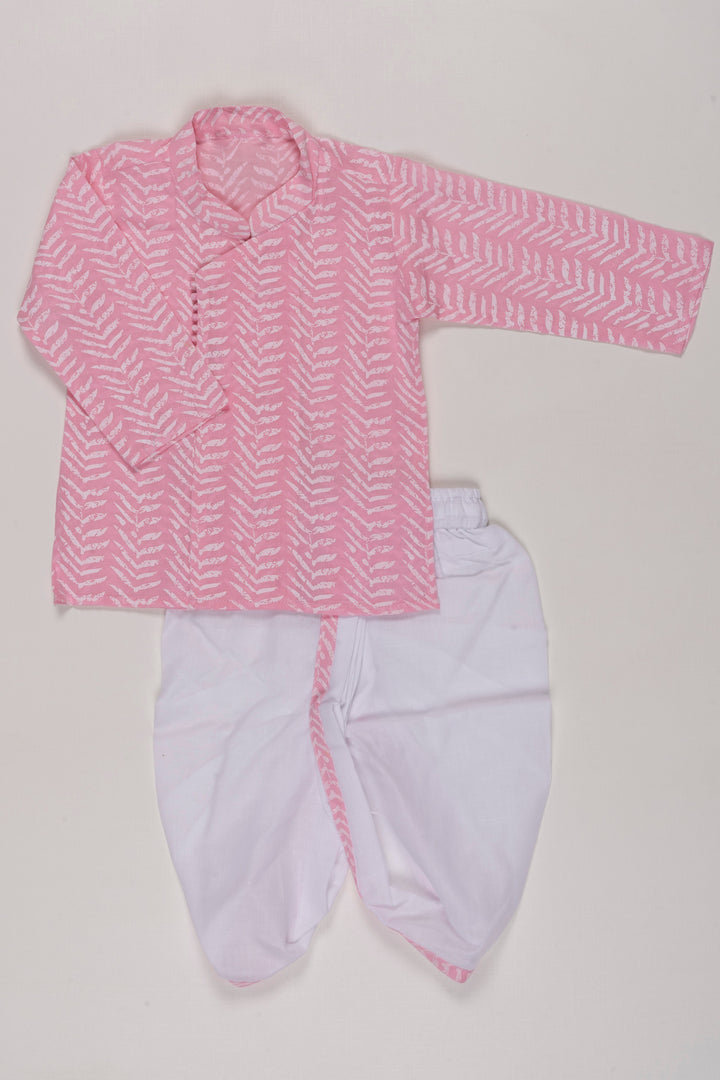 The Nesavu Boys Dothi Set Pink Chevron Kurta with White Dhoti Set for Boys - Traditional Chic Nesavu Boys Pink and White Kurta Dhoti Set | Chevron Pattern | Festive Wear | The Nesavu