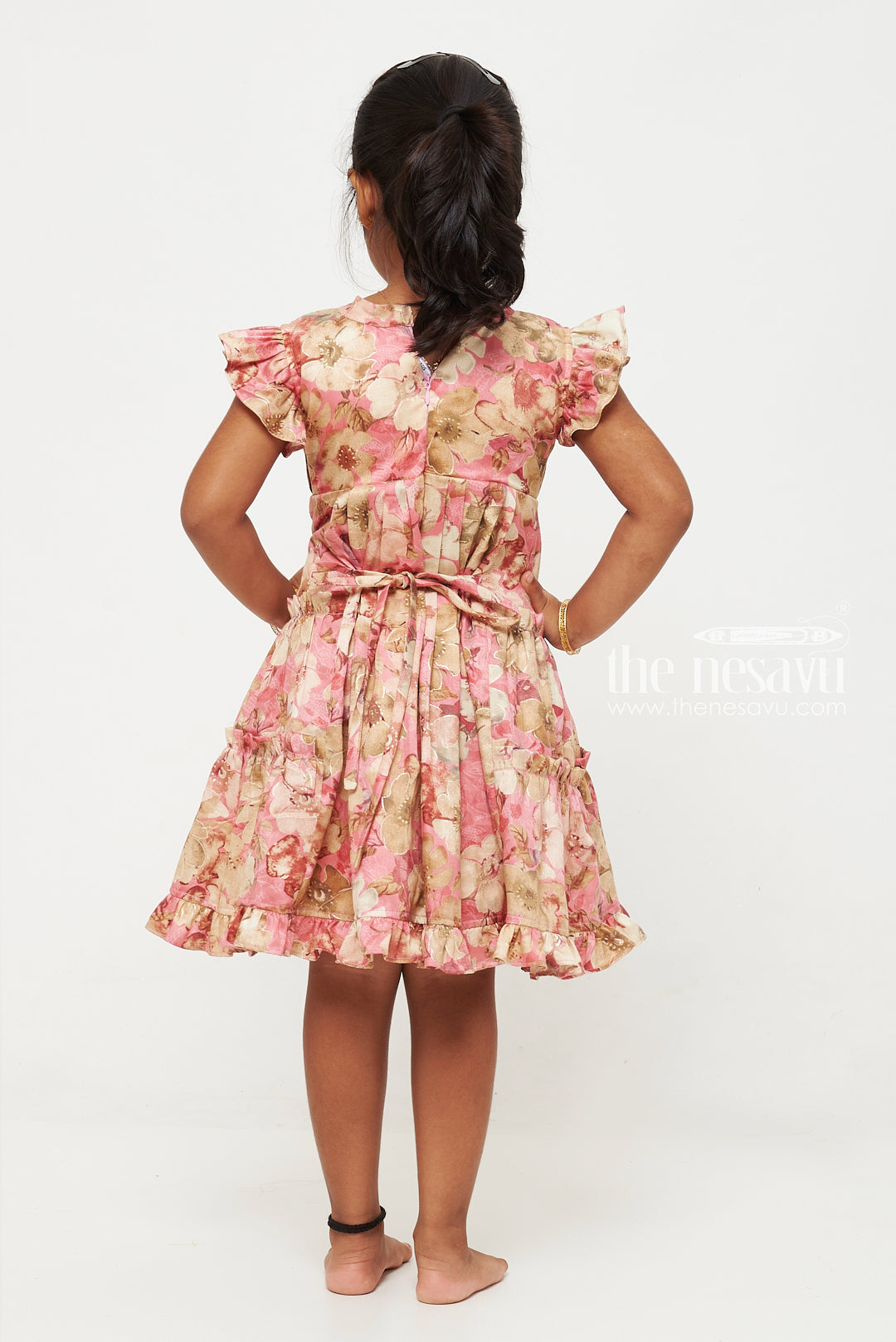 The Nesavu Girls Cotton Frock Pink Floral Girls' Cotton Summer Dress with Flutter Sleeves Nesavu Nesavu Pink Floral Cotton Summer Dress for Girls with Flutter Sleeves