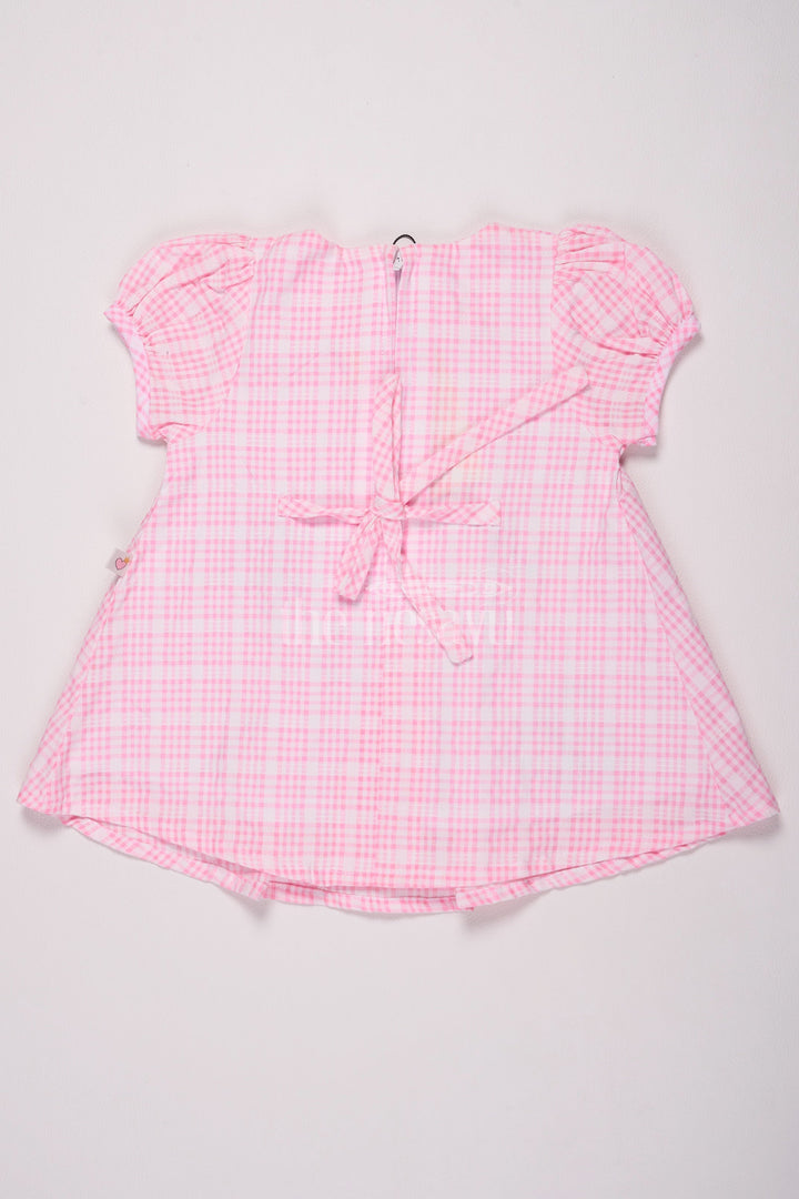 The Nesavu Baby Cotton Frocks Pink Gingham Baby Cotton Frock with Colorful Butterfly Appliqué and Puff Sleeves for Girls Nesavu Nesavu Pink Gingham Baby Cotton Frock Butterfly Appliqu Puff Sleeves Summer Outings