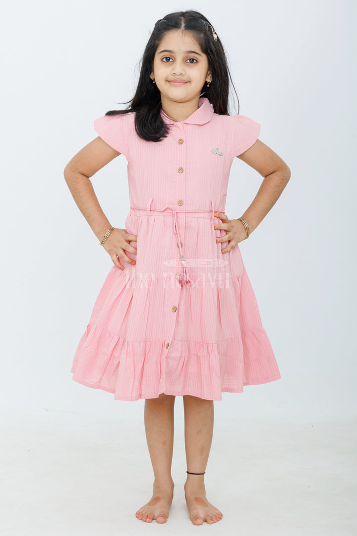 The Nesavu Girls Cotton Frock Pink Gingham Cotton Dress with Flutter Sleeves and Tassel Belt for Girls Daily Wear Nesavu Nesavu Pink Gingham Cotton Shirt Dress Tassel Belt Butterfly Motif Girls Casual Wear