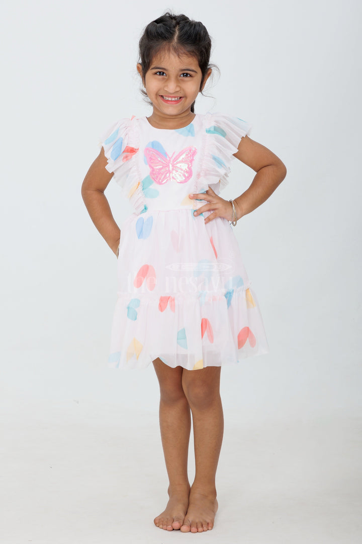 The Nesavu Girls Fancy Frock Pink Girls Fancy Frock with Butterfly Embroidery and Ruffled Butterfly Sleeves Nesavu 20 (3Y) / Pink GFC1431B-20 Nesavu Pink Girls Fancy Frock Butterfly Embroidery Ruffled Sleeves