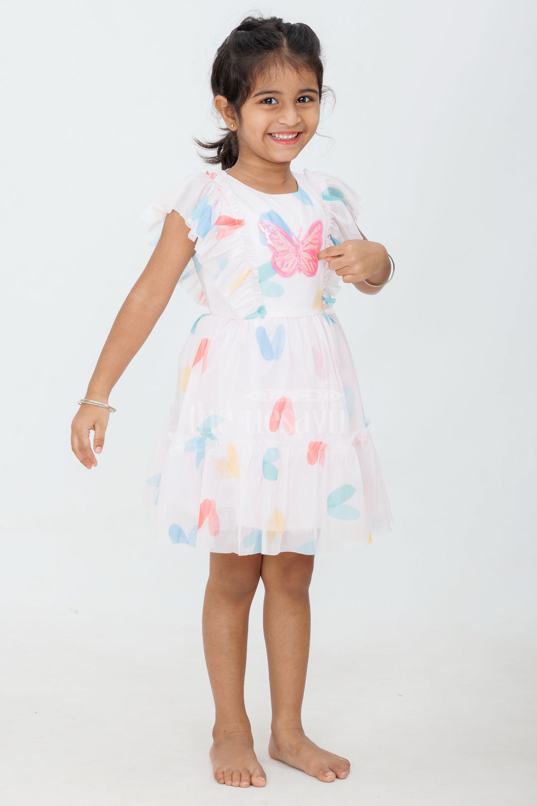 The Nesavu Girls Fancy Frock Pink Girls Fancy Frock with Butterfly Embroidery and Ruffled Butterfly Sleeves Nesavu Nesavu Pink Girls Fancy Frock Butterfly Embroidery Ruffled Sleeves