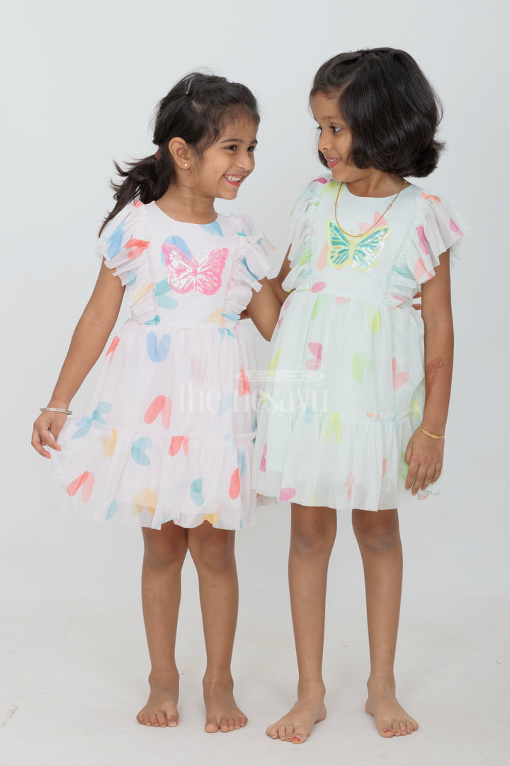 The Nesavu Girls Fancy Frock Pink Girls Fancy Frock with Butterfly Embroidery and Ruffled Butterfly Sleeves Nesavu Nesavu Pink Girls Fancy Frock Butterfly Embroidery Ruffled Sleeves