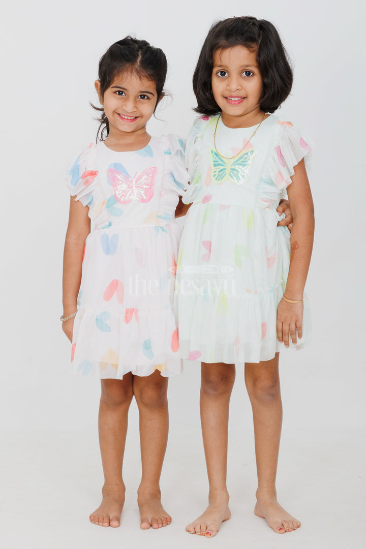 The Nesavu Girls Fancy Frock Pink Girls Fancy Frock with Butterfly Embroidery and Ruffled Butterfly Sleeves Nesavu Nesavu Pink Girls Fancy Frock Butterfly Embroidery Ruffled Sleeves