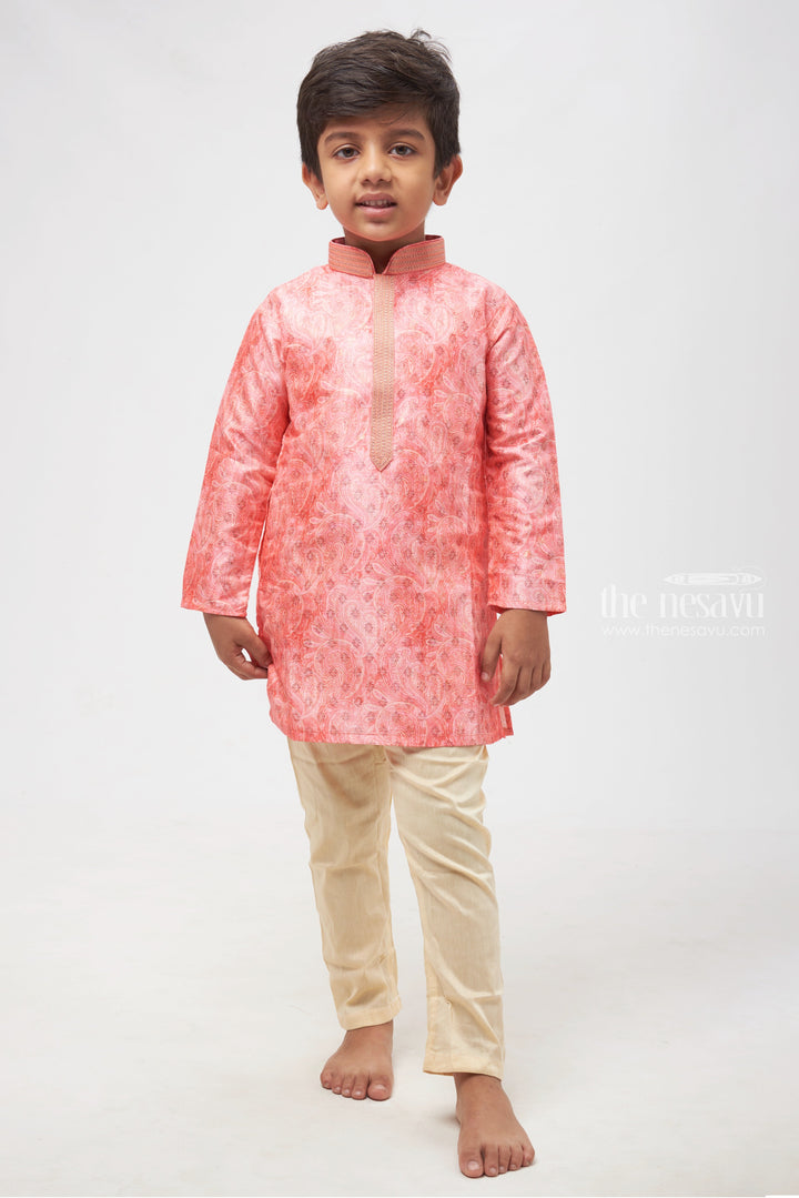 The Nesavu Boys Kurtha Set Pink Paisley Elegance: Mandarin Collared Kurta with Pant Set for Boys Nesavu 12 (3M) / Pink / Silk Blend BES401A-12 Designer Boys Kurta with Pant Set | New Age Indian Wear | The Nesavu