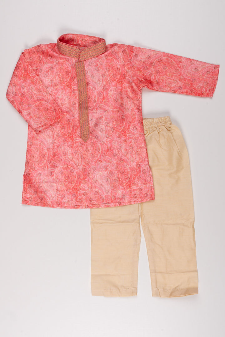 The Nesavu Boys Kurtha Set Pink Paisley Elegance: Mandarin Collared Kurta with Pant Set for Boys Nesavu 12 (3M) / Pink / Silk Blend BES401A-12 Designer Boys Kurta with Pant Set | New Age Indian Wear | The Nesavu