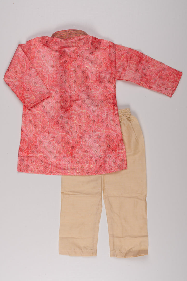 The Nesavu Boys Kurtha Set Pink Paisley Elegance: Mandarin Collared Kurta with Pant Set for Boys Nesavu Designer Boys Kurta with Pant Set | New Age Indian Wear | The Nesavu