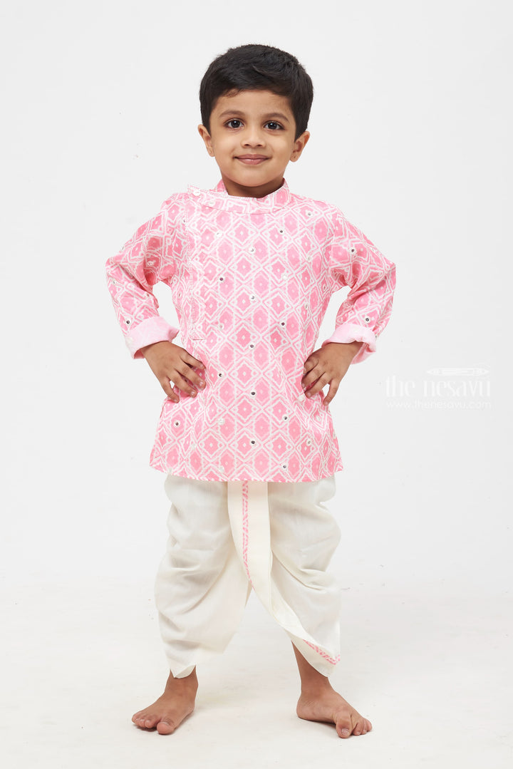 The Nesavu Boys Dothi Set Pink Passion: Mirror-Embroidered Geometric Printed Kurta & Panjagacham Set for Boys Nesavu 12 (3M) / Pink / Silk Blend BES399D-12 Silk Kurta with Dhoti for Boys | Comfort Meets Tradition | The Nesavu