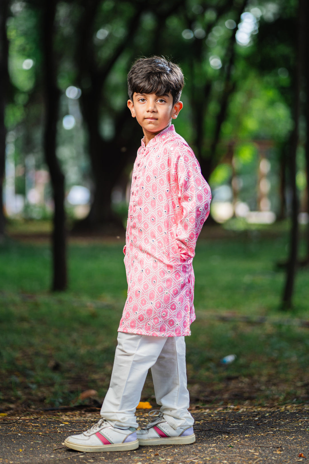 The Nesavu Boys Dothi Set Pink Passion: Mirror-Embroidered Geometric Printed Kurta & Panjagacham Set for Boys Nesavu 12 (3M) / Pink / Silk Blend BES399D-12 Silk Kurta with Dhoti for Boys | Comfort Meets Tradition | The Nesavu