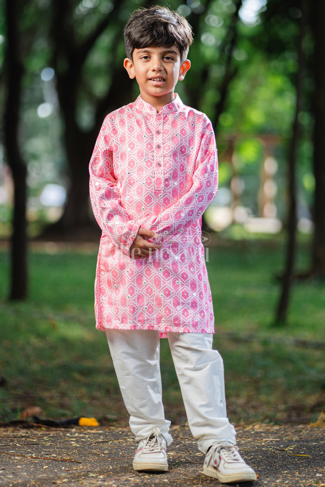 The Nesavu Boys Dothi Set Pink Passion: Mirror-Embroidered Geometric Printed Kurta & Panjagacham Set for Boys Nesavu Silk Kurta with Dhoti for Boys | Comfort Meets Tradition | The Nesavu