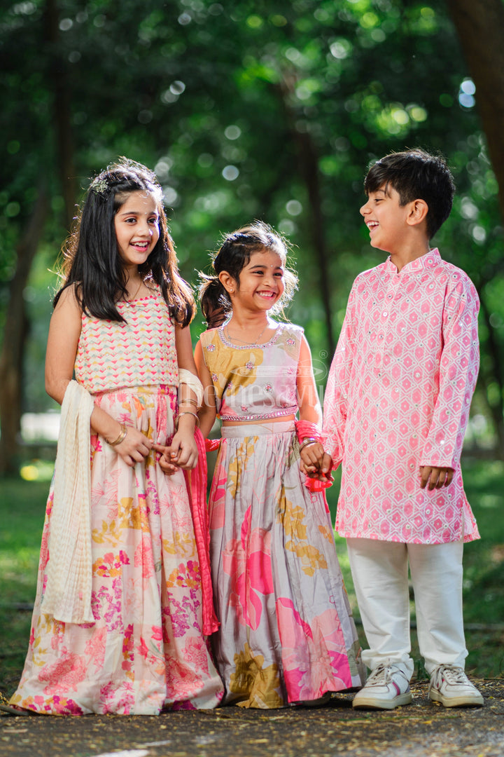 The Nesavu Boys Dothi Set Pink Passion: Mirror-Embroidered Geometric Printed Kurta & Panjagacham Set for Boys Nesavu Silk Kurta with Dhoti for Boys | Comfort Meets Tradition | The Nesavu