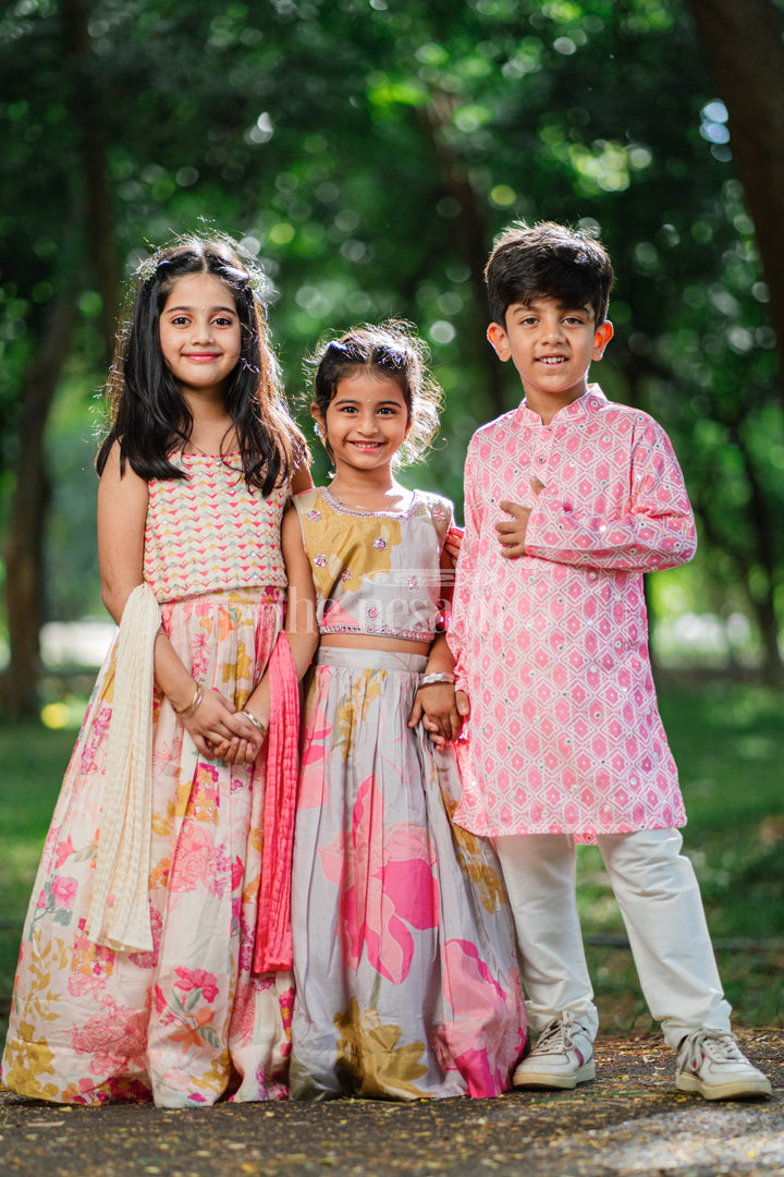 The Nesavu Boys Dothi Set Pink Passion: Mirror-Embroidered Geometric Printed Kurta & Panjagacham Set for Boys Nesavu Silk Kurta with Dhoti for Boys | Comfort Meets Tradition | The Nesavu